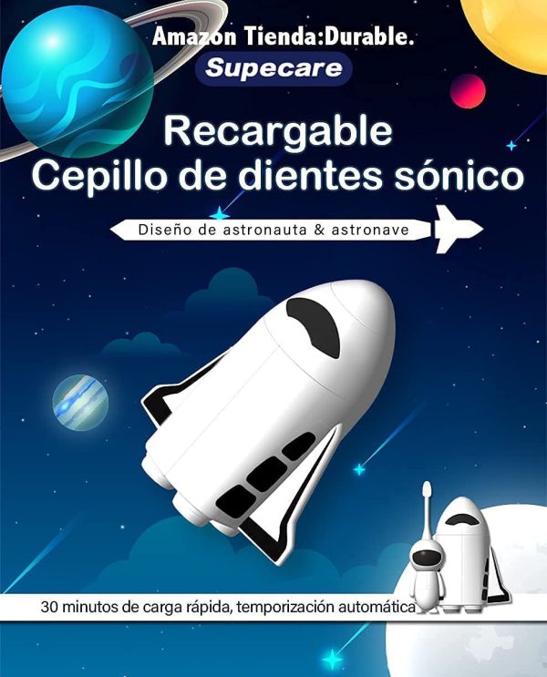 Cepillo De Dientes Eléctrico Astronauta Recargable Sónico Para Niños 12 años, Cepillo y Taza,6 Recambios, Cargar 15 Min a 15 Días, IPX7 Impermeable, Cabezal De Cepillo Suave PBT De Cuidado Especial Embalaje Deteriorado Fashion